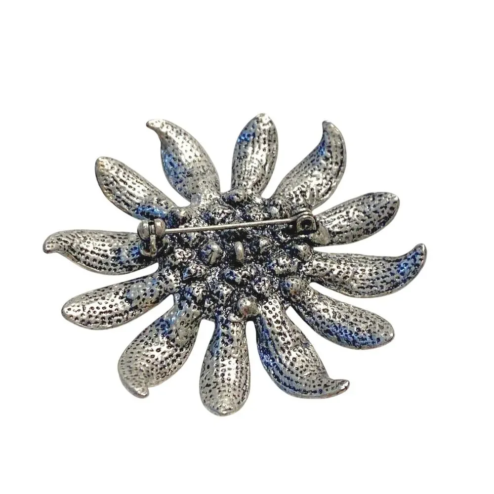 Vintage silvertone pewter finish flower brooch variety blue tones rhinestone pin